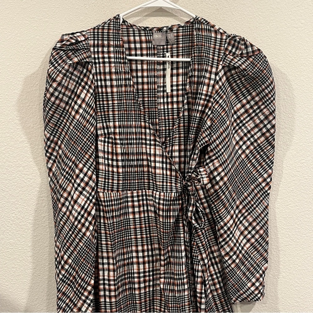 ASOS size 6 plaid maxi length wrap dress orange blue white puff sleeve